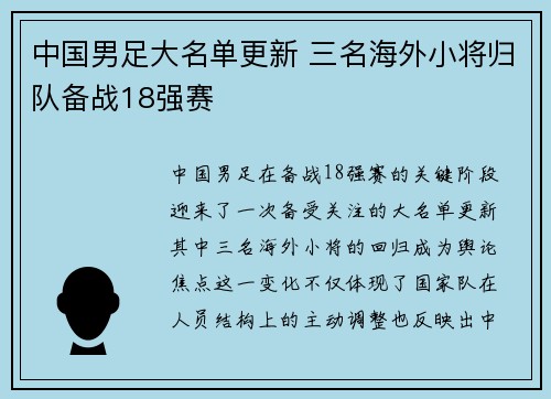 中国男足大名单更新 三名海外小将归队备战18强赛